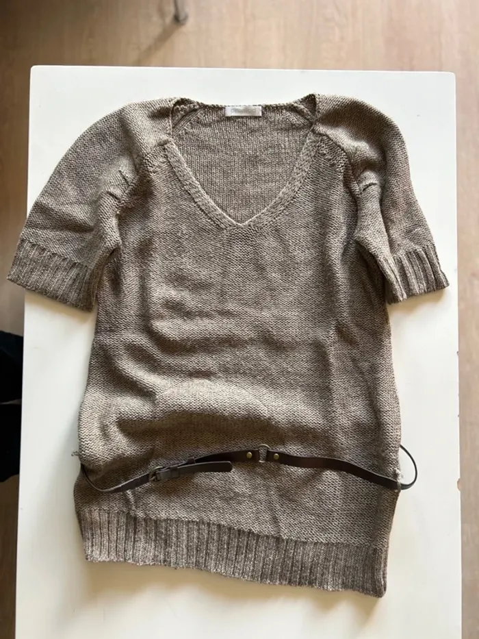 Pull MC beige taupe avec ceinture marron