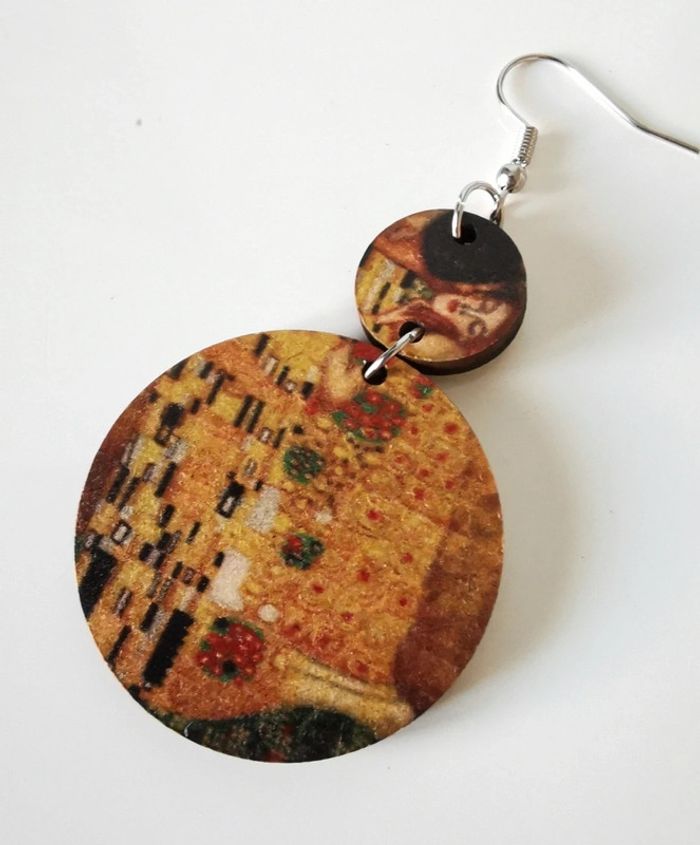 F54 boucles d'oreilles bois peint artiste Klimpt - photo numéro 3
