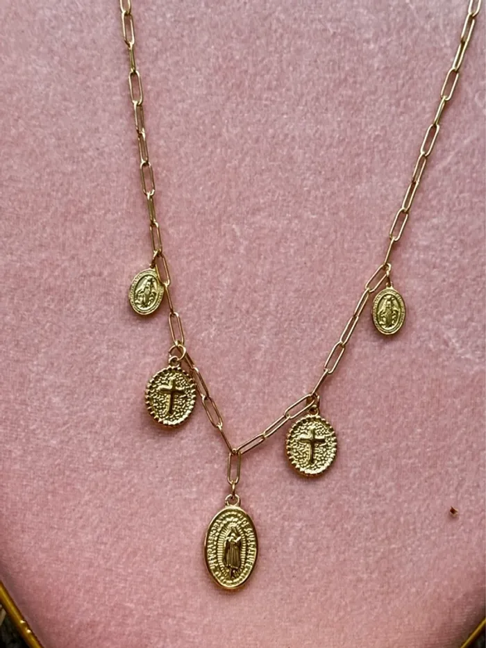 Collier chaîne mailles larges réglable petit créateur breloques médailles vierges et croix - photo numéro 2