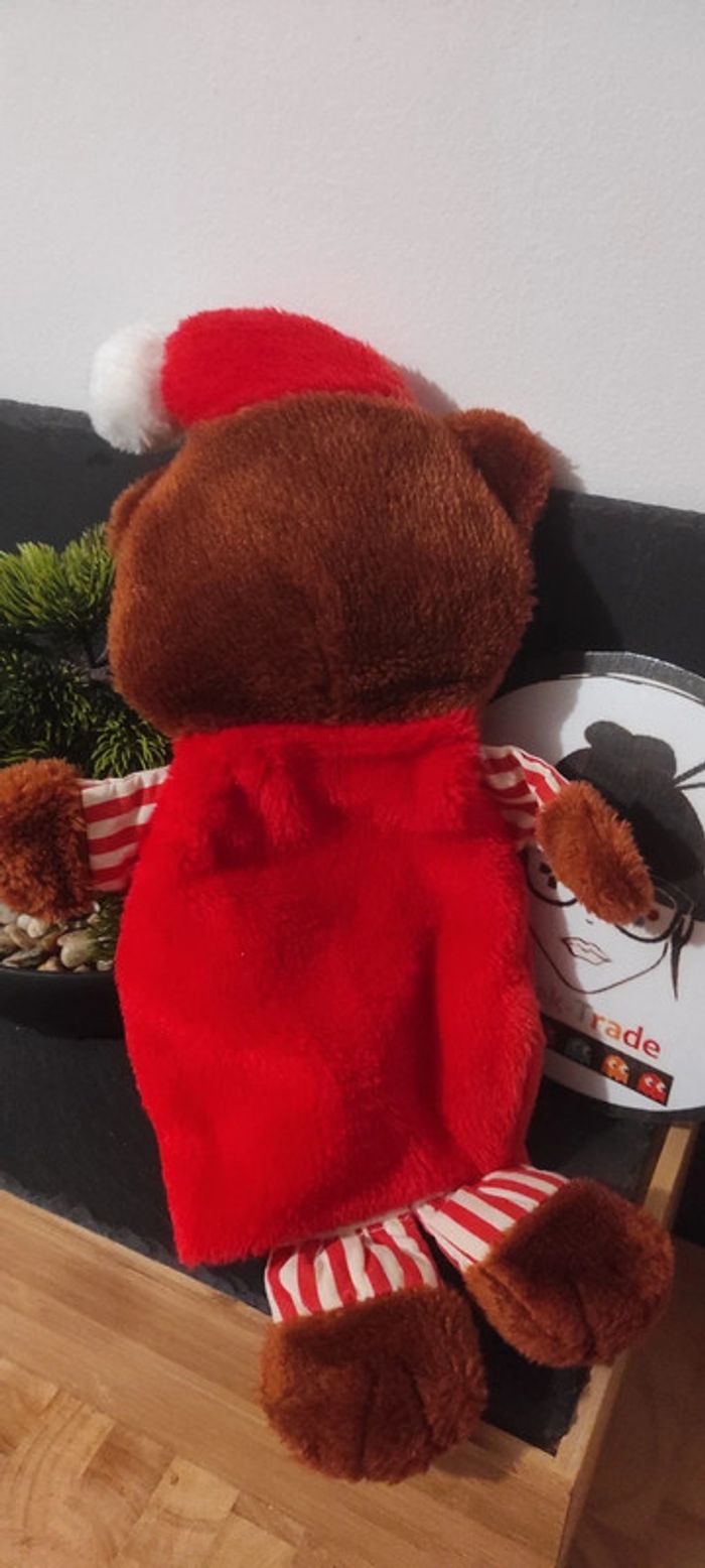 doudou peluche marionnette vintage ancien ours marron rouge salopette noel bonnet bradford novelty - photo numéro 2