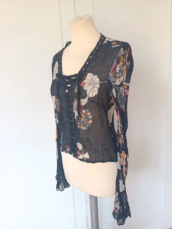 haut top y2k 90 2000 blouse voile transparente à rayure femme sexy à lacet fleurie mng - photo numéro 10