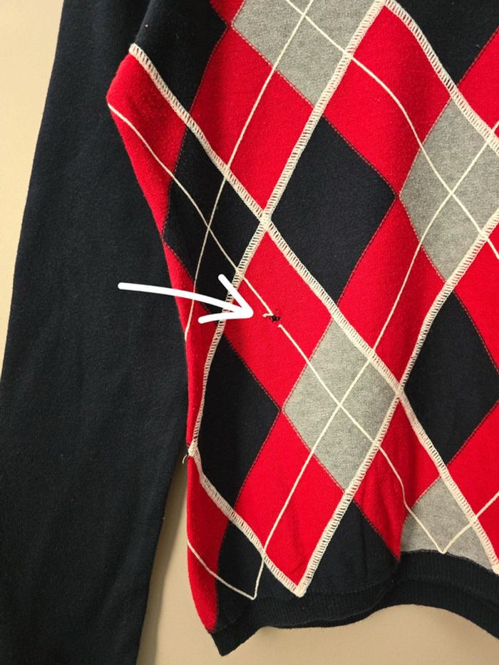 Pull Tommy Hilfiger argyle rouge marine gris M col V / style preppy chic - photo numéro 3