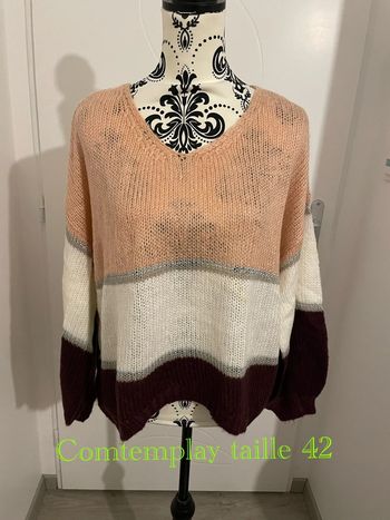Pull manche longue maille rayure blanc bordeaux corail gris en alpaga neuf comtemplay taille 42
