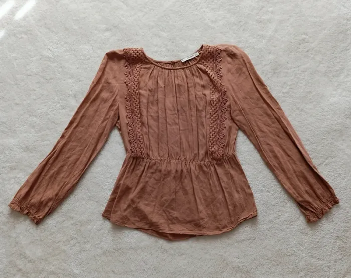 Blouse Mango suite S avec broderie, caramel, rose poudré légère fluide ample - photo numéro 4