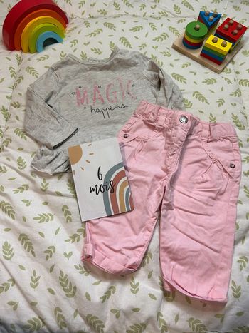 ensemble teeshirt manches longues gris et pantalon en toile rose tex 6 mois