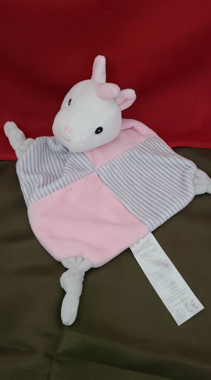 Doudou plat Licorne grelot rose blanc rayé gris TOM & KIDDY - photo numéro 3