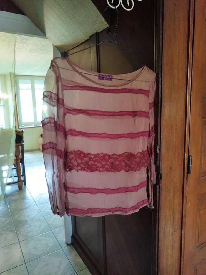 Top blouse rose dentelle col perles vintage M/38