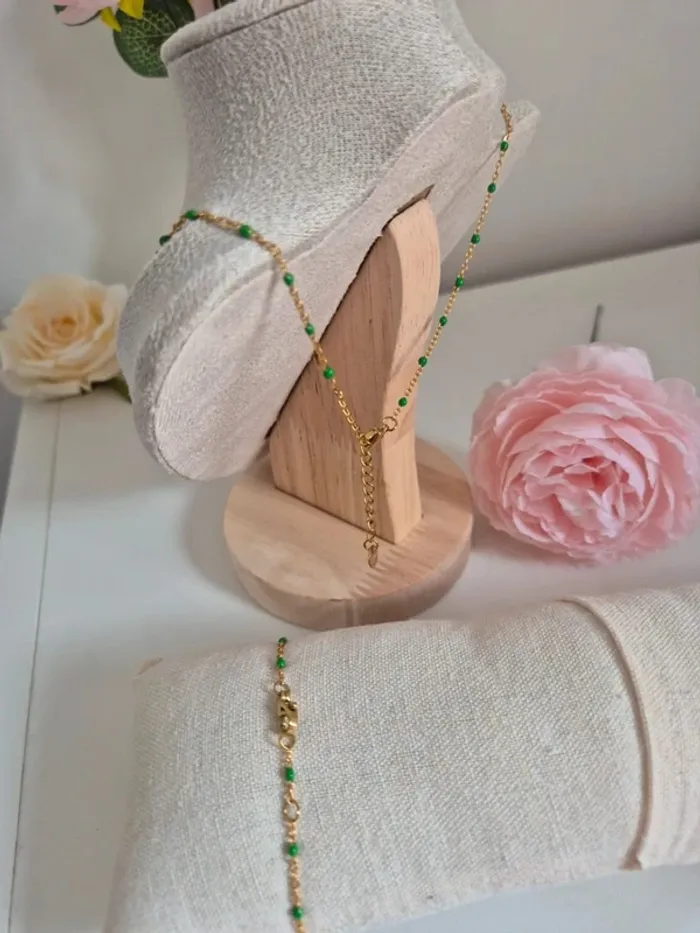 Lot de 2 bijoux en acier inoxydable dorée parure avec perles vertes - photo numéro 5