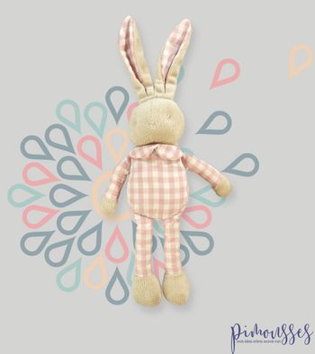 Doudou lapin pantin popeline velours rose vichy Klorane 29 cm