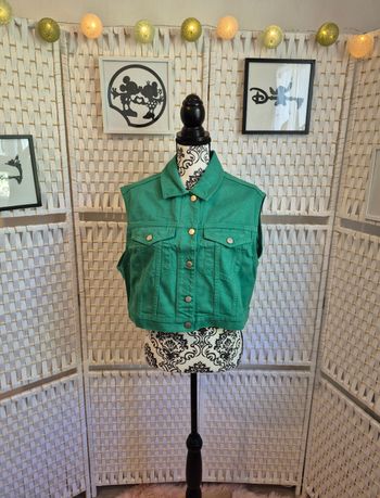 💕Jolie Veste en jean sans manches verte BZB TM / 38 Gilet cropped💕