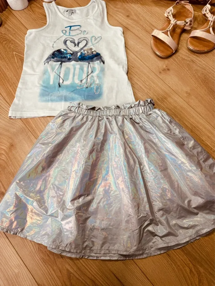 Taille 6 ans tenue 2 pièces fille Ovs Galeries Lafayette blanc bleu argenté * be you * 🩷 - photo numéro 3