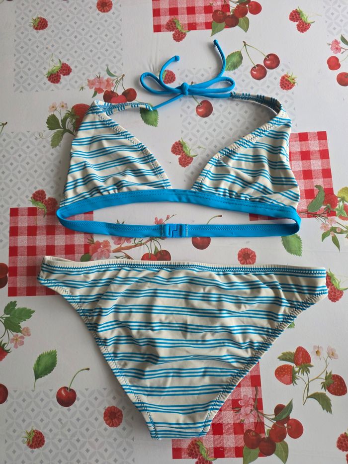 MAILLOT BAIN FILLE 👧 RAYÉ BLEU TURQUOISE/BLANC TAILLE 36 MARQUE TEX - photo numéro 2