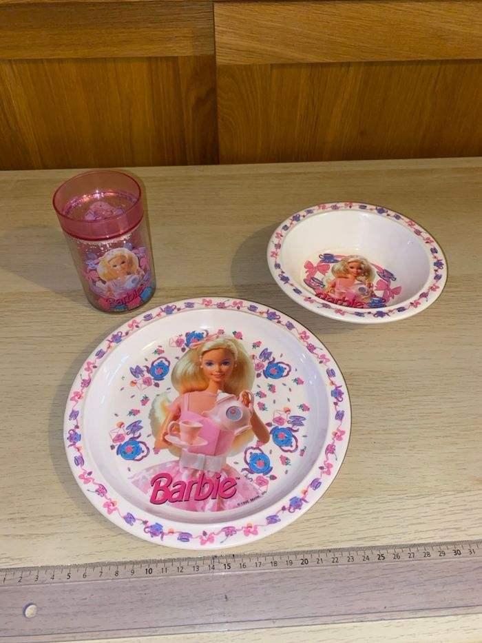 Lot vaisselle Barbie assiette bol verre gobelet plastique Mattel 1995 service thé théière - photo numéro 8