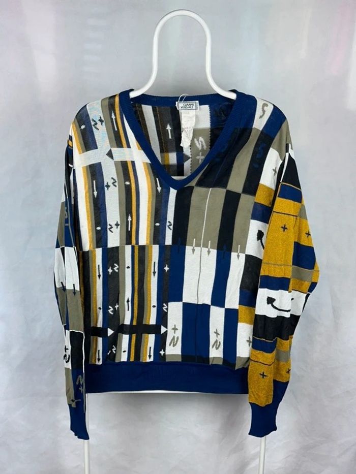 Pull Jersey Gianni Versace Coggi style Rare vintage Blue Navy Blanc XL - photo numéro 4