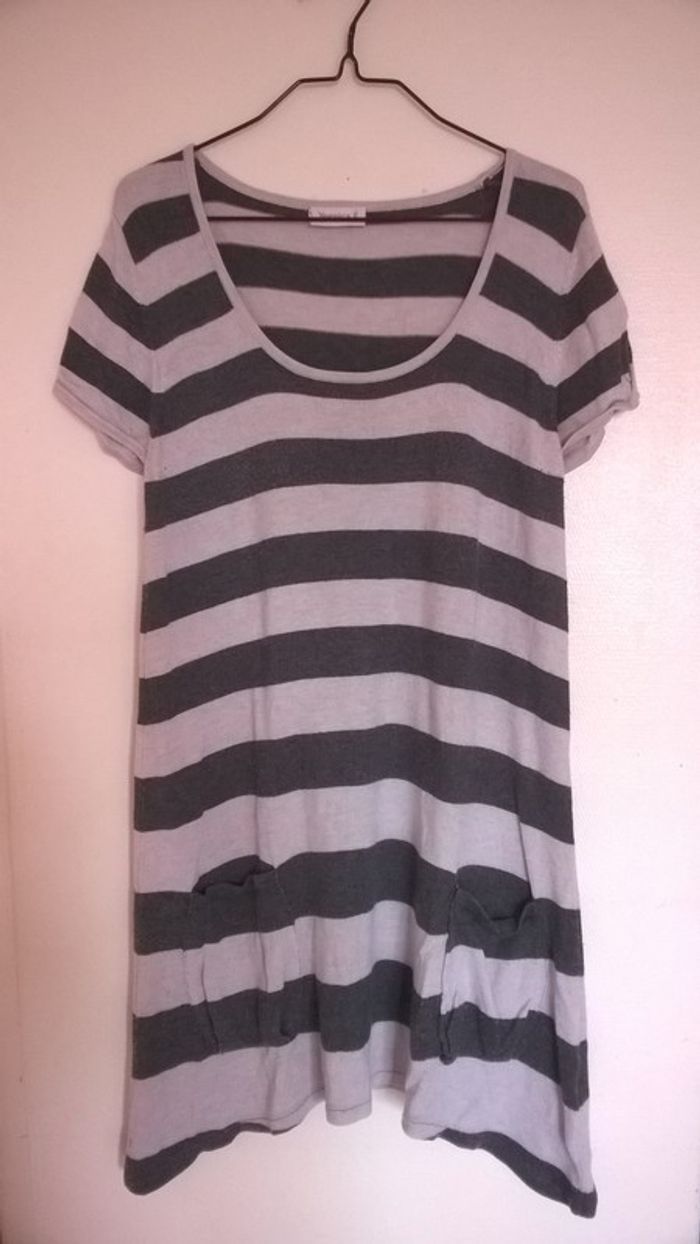 Pull long femme, tunique, Yessica, taille M 38, sweat long, blanc et gris - photo numéro 3