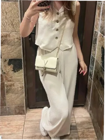 Ensemble Femme Deux Pièces Gilet Pantalon Beige Effet Lin - Taille M Neuf Jamais Porté