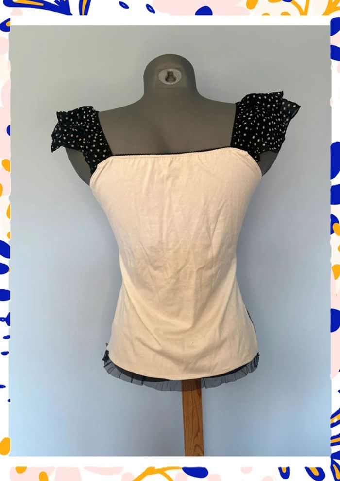 đ€ DĂ©bardeur Evalinka â Taille 2 â Blanc avec imprimĂ© gris & dĂ©tail tulle noir đ€ - photo numĂ©ro 6
