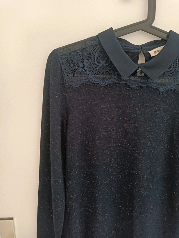 Blouse bi-matiere marine col Grain de Malice Taille S En très bon état
