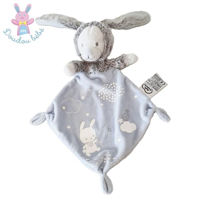 Doudou plat Ours lapin bleu gris luminescent MOTS D'ENFANTS