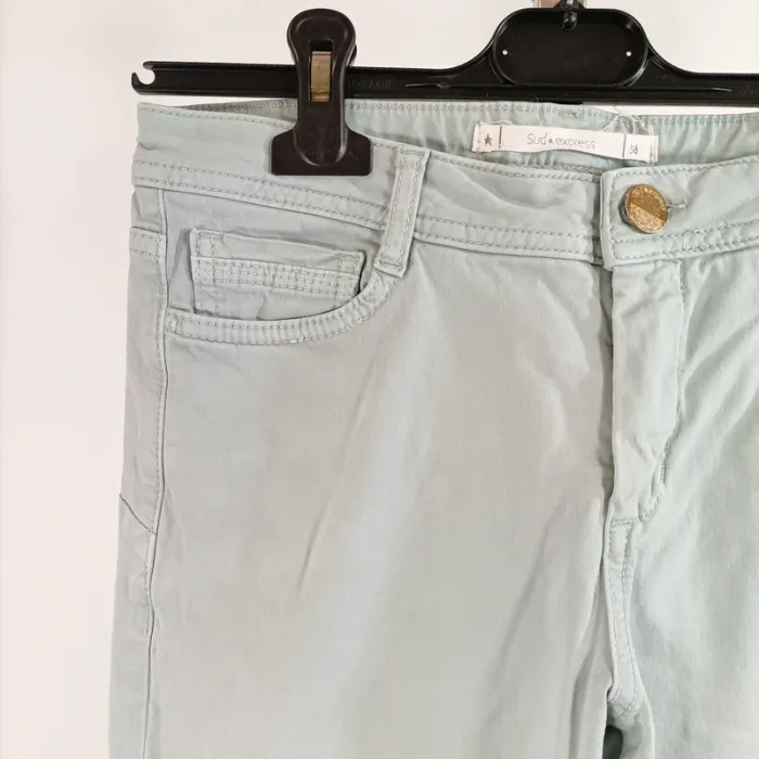 Pantalon slim vert d’eau Sud Express taille 38 coton stretch coupe près du corps A1338 - photo numéro 4