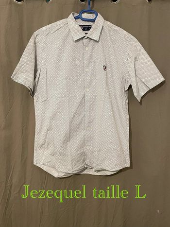 Chemise à manches courtes blanc motifs bleu marine et noir coupe slim fit Jezequel taille L