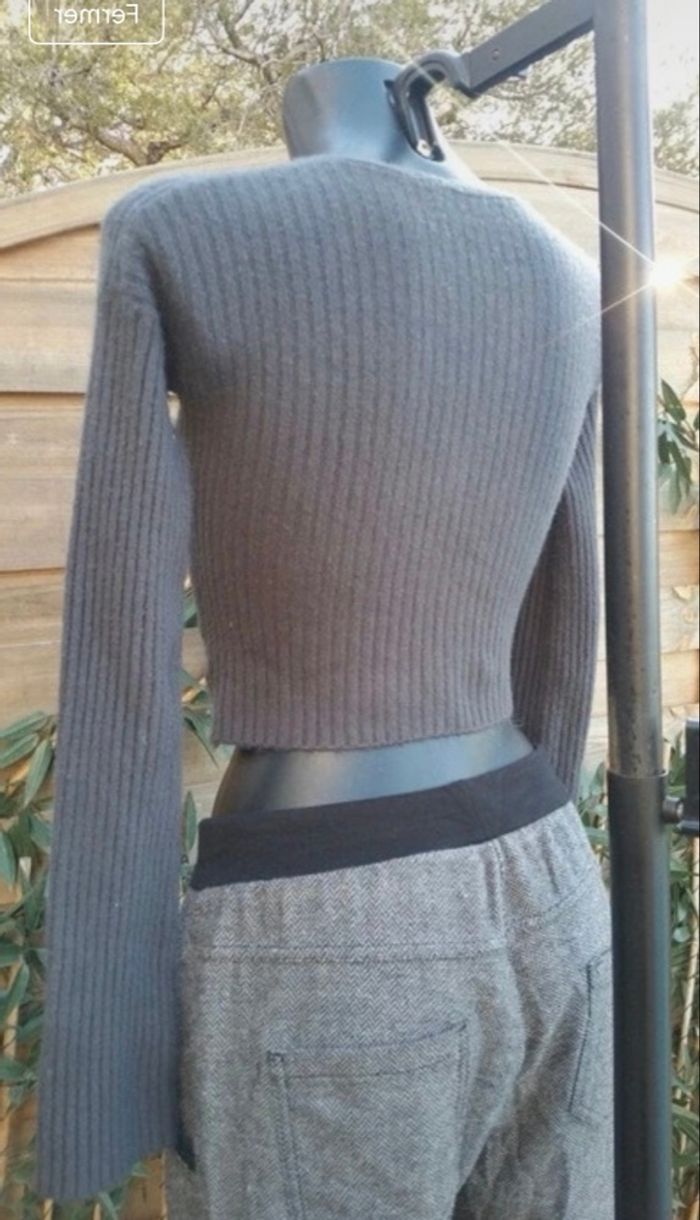 Gilet Papa Yoyo maille côtelée crop coloris gris - photo numéro 3