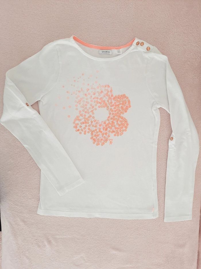 T-shirt manches longues Okaïdi 12 ans blanc motif fleur en sequins roses fluo