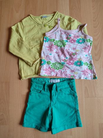 Lot tenue short Okaïdi + débardeur Elsys Girls + gilet Obaïbi en 24M