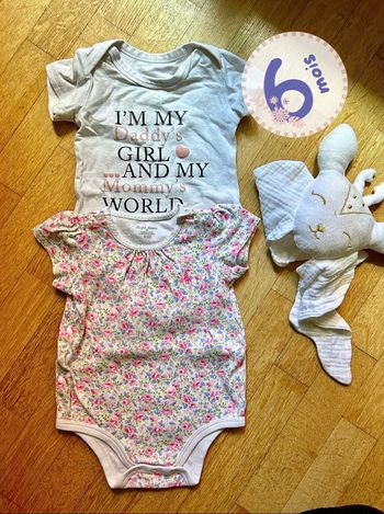 💖 Lot 2 Bodies Manches Courtes 6 Mois | RALPH LAUREN Fleuri + Message Mignon