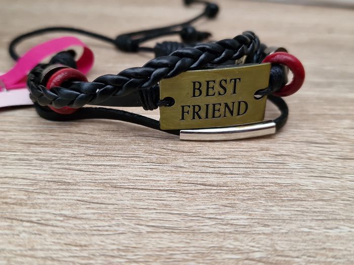 Bracelet Cuir Noir Plaque Métal Meilleur Ami Perles Best Friend - photo numéro 16