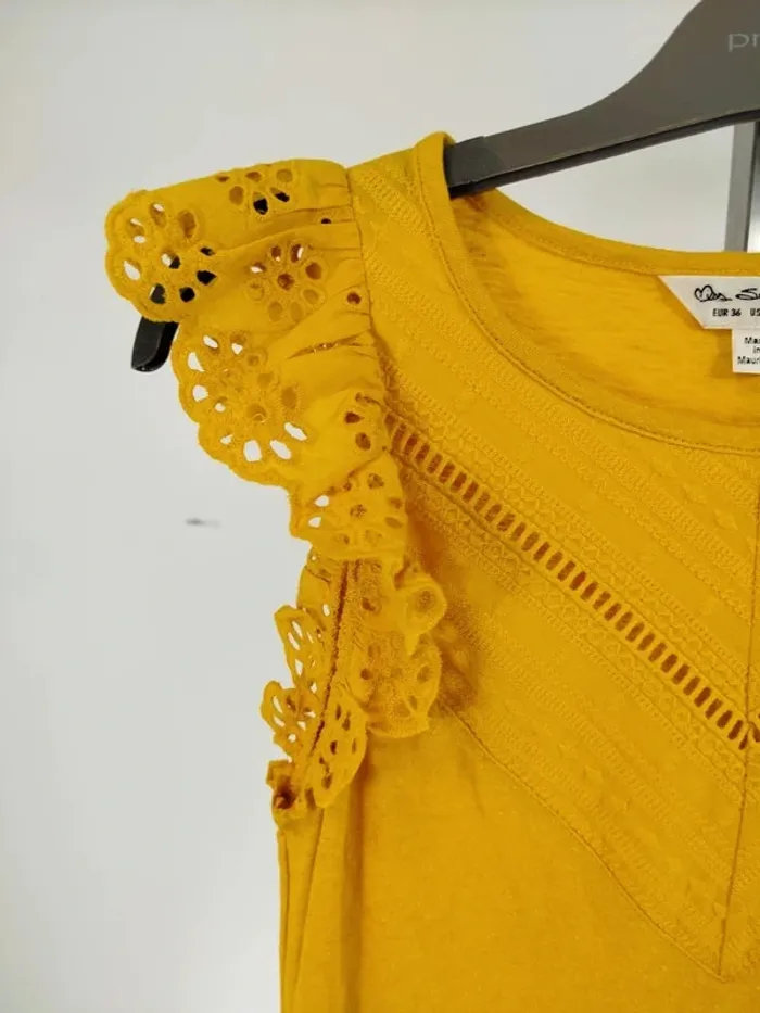 T-shirt brodé ajouré taille couleur jaune moutarde - Taille S - A166 - photo numéro 2