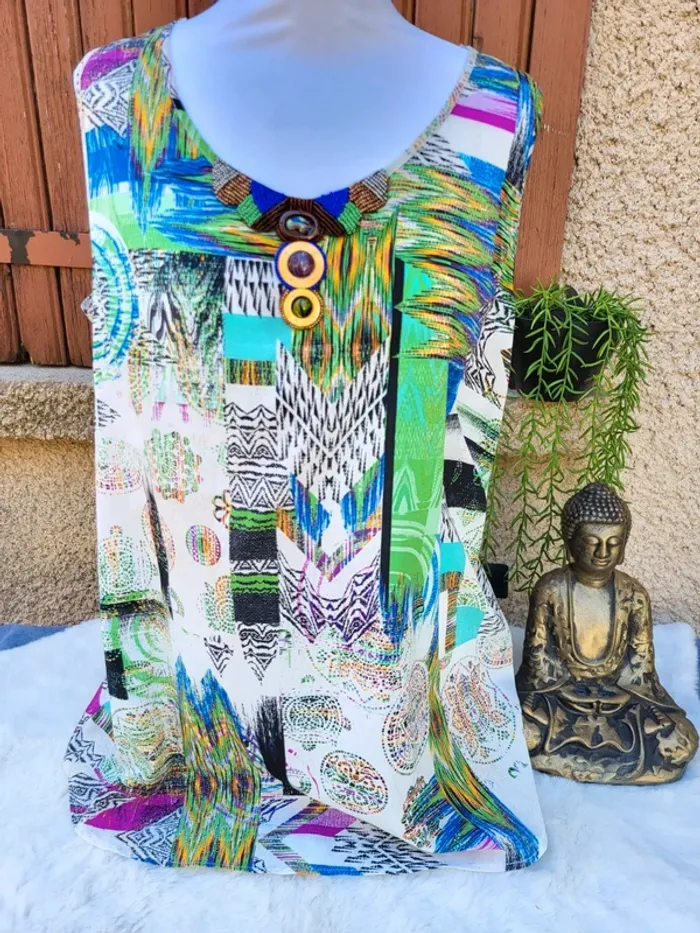 Blouse sans manche fluide ethnique ivoire multicolore taille 46 - photo numéro 2
