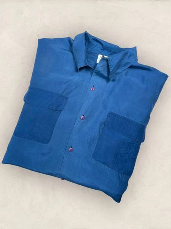 Chemise bleu 100% soie, Chemise vintage homme taille L (2720)