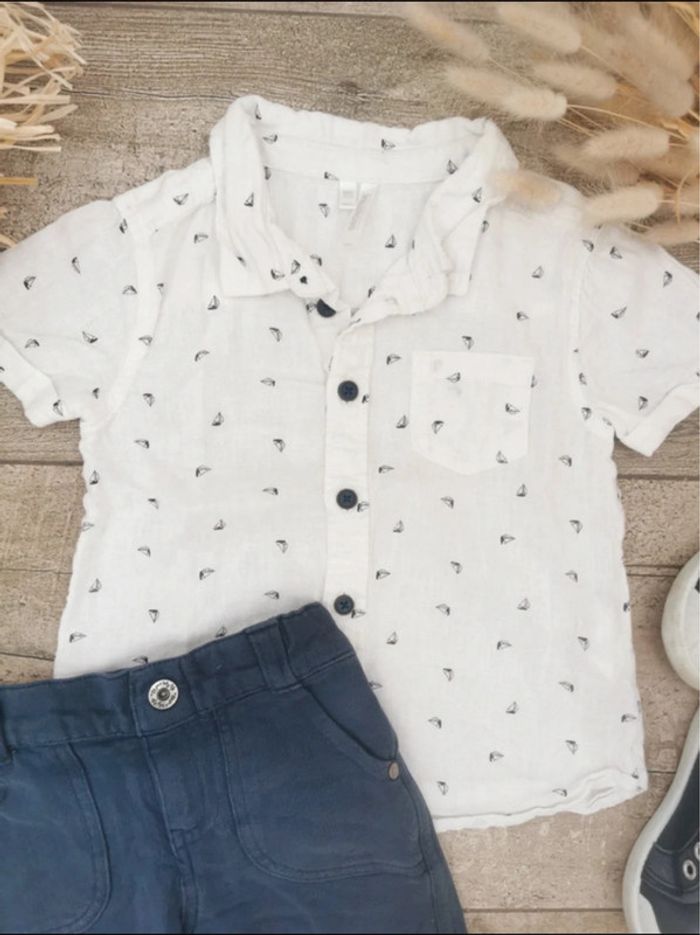 Short et chemise lin coton motif bateau blanc bleu marine 18mois - photo numéro 2