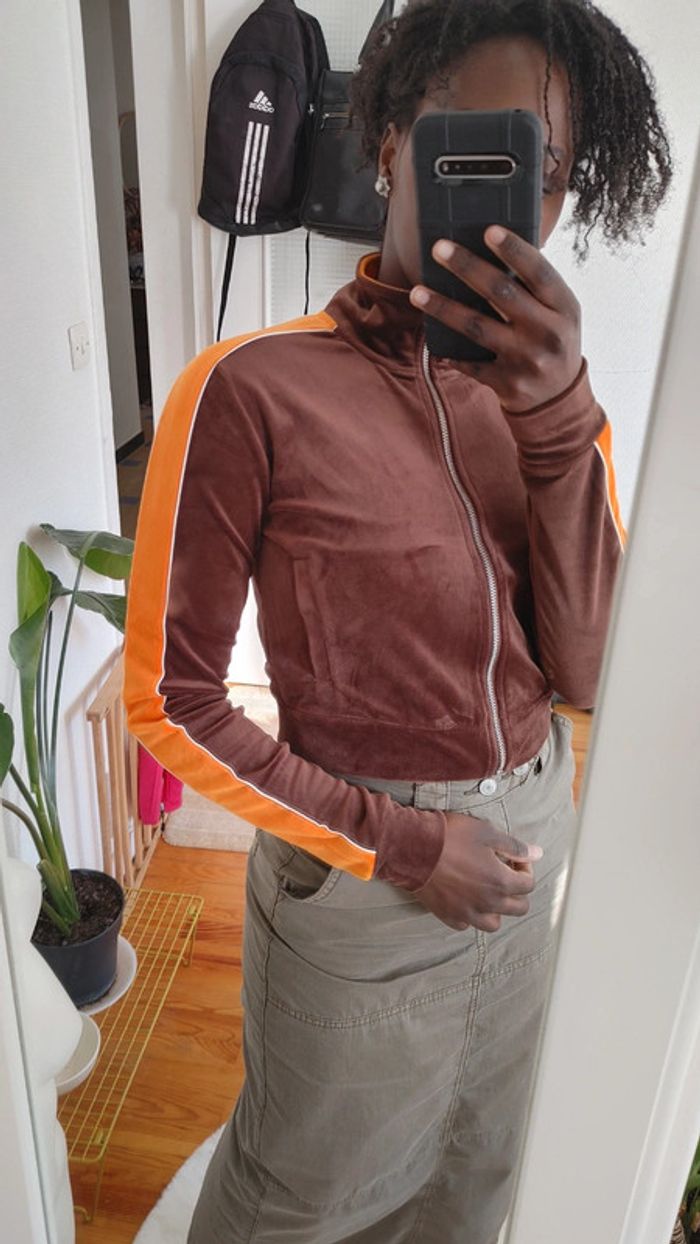 Sweat-shirt velours col au zip poche latéral manches longues crop top - photo numéro 2