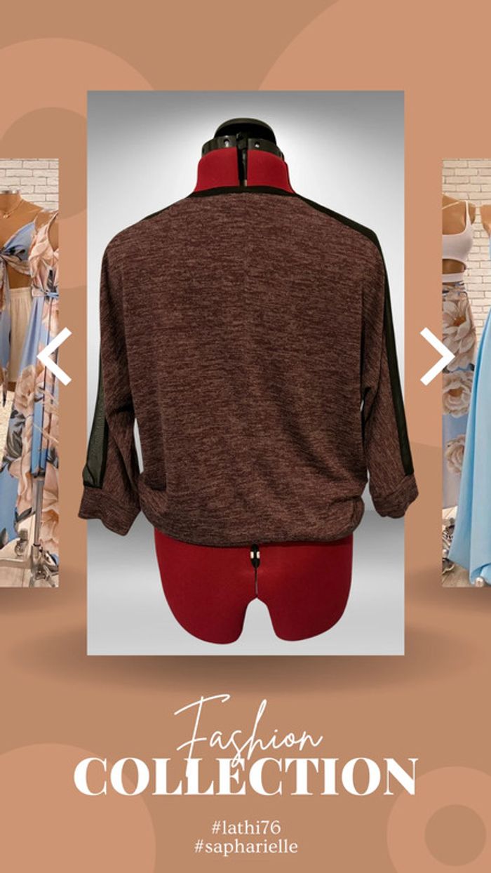 Blouse violine chinée  avec décolleté en dentelle - photo numéro 2