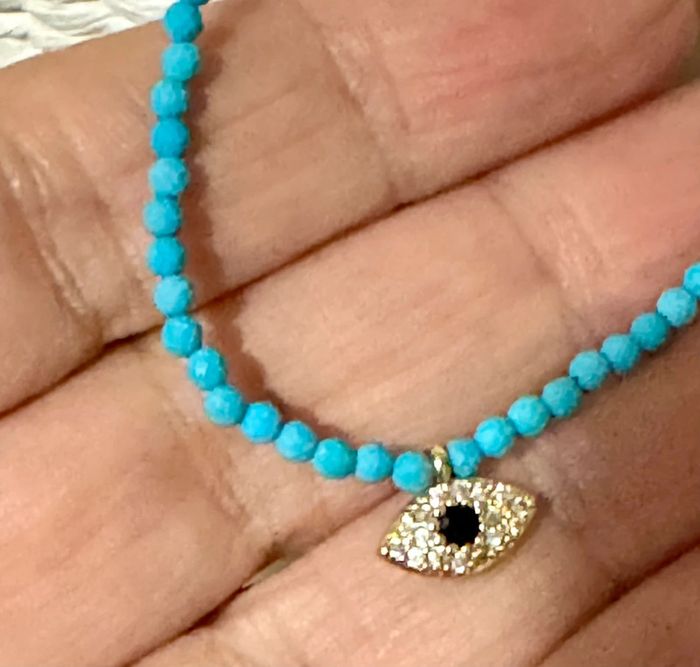 Collier perles naturelles turquoise chaîne réglable œil cristaux habaha Paris - photo numéro 3