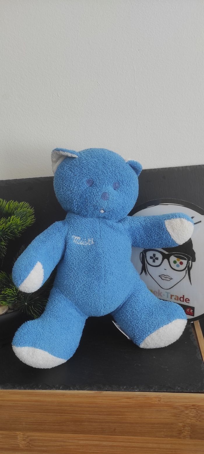 Doudou Peluche Musti Mustela Blanc Bleu Publicitaire Lait Pharmacie Ancien