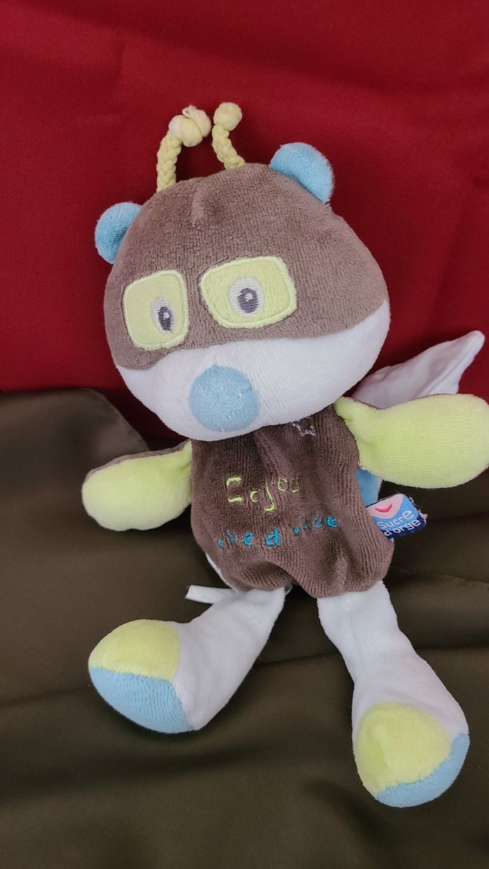 Doudou ours chat noir bleu vert mouchoir Cajou SUCRE D'ORGE - photo numéro 2