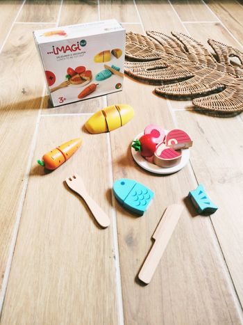 🍅Jeu d'imitation - Dinette en bois set déjeuner à découper-marque Oxybul 