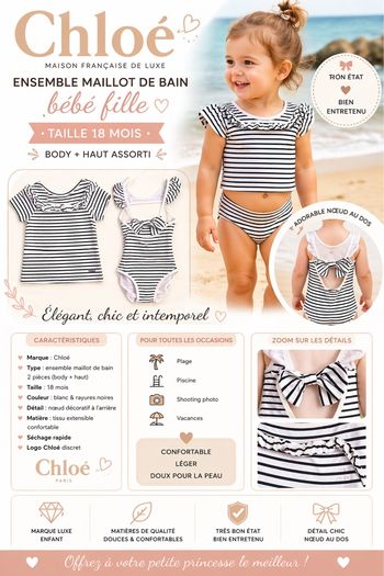 Maillot de bain bébé fille Chloé 18 mois – ensemble luxe rayé 