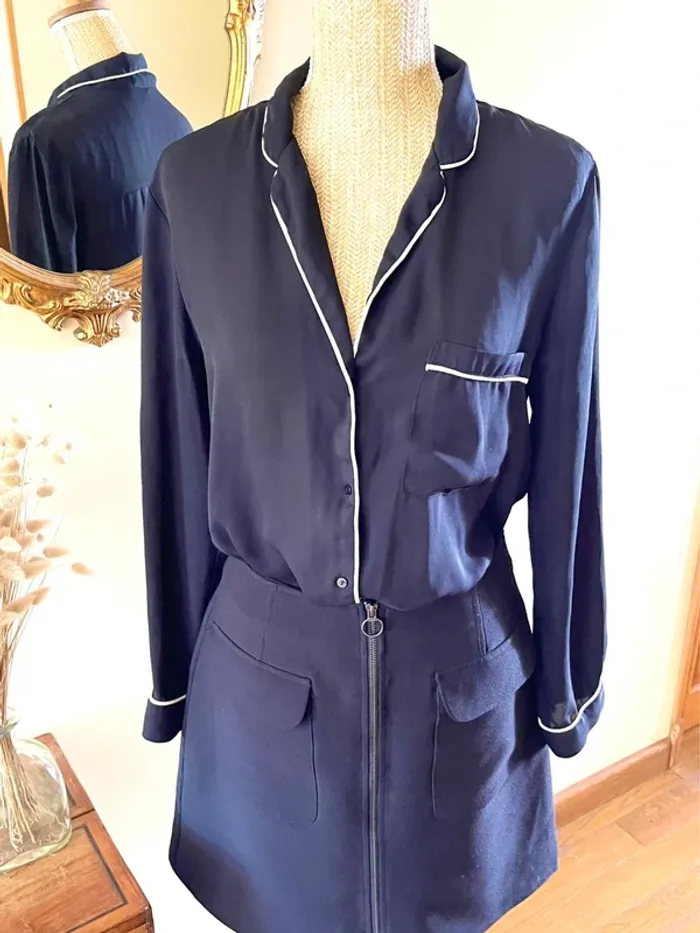 Sublime blouse chemise à boutonnage et col manche longue noir à liseré blanc fluide Zara taille L - photo numéro 16
