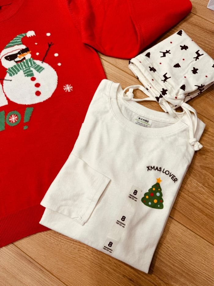Taille 8 ans pull teeshirt pochon Noël garçon Tissaia Kiabi rouge blanc * bonhomme de neige * 🎄 - photo numéro 3