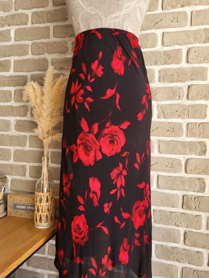 Jupe longue noir imprimé rose rouge - Vintage Made in France - photo numéro 6