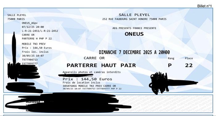 2 places de concert Oneus Paris