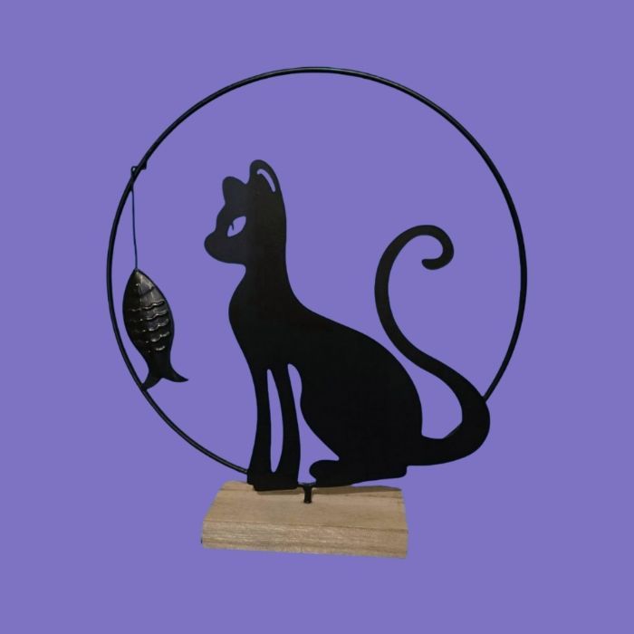 Objet Déco Chat Noir et Poisson Silhouette Métal Socle Bois Style Moderne Campagne Très Bon État
