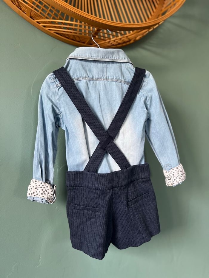 Ensemble chemise jean et short à bretelles 3/4 ans - Bleu & Marine - photo numéro 3