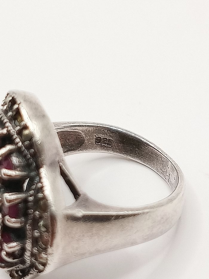 Antico anello da cocktail vintage donna rubini e marcasiti in massiccio argento 925 - photo numéro 5