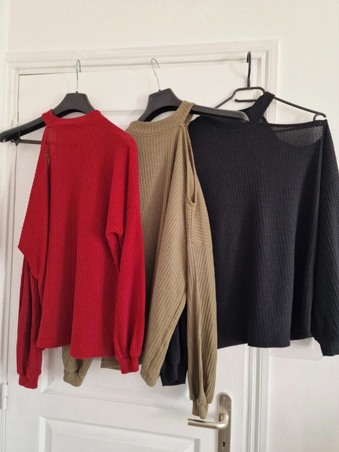 Top maille gaufrée rouge cerise/noir/olive - photo numéro 6