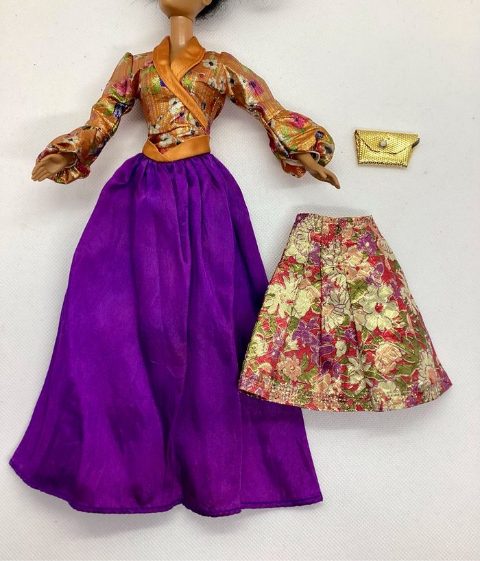 Lot 3 articles compatibles Barbie robe bal longue pochette sac à main jupe lamé orientalisant